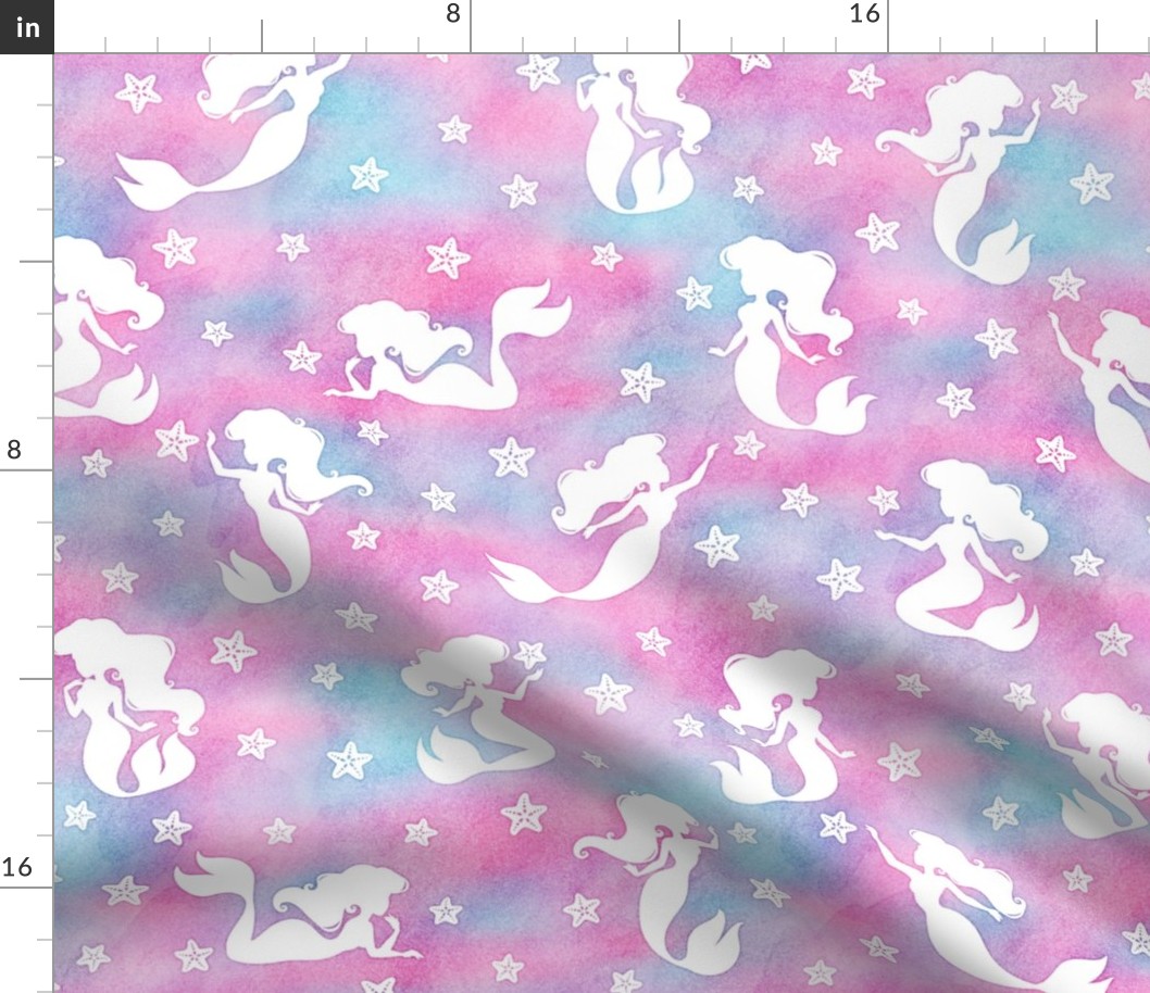 Magical Mermaid Pattern with Starfish in White on Watercolor