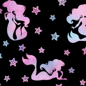 Magical Mermaid Pattern with Starfish in Watercolor on Black