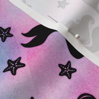 Magical Mermaid Pattern with Starfish in Black on Watercolor
