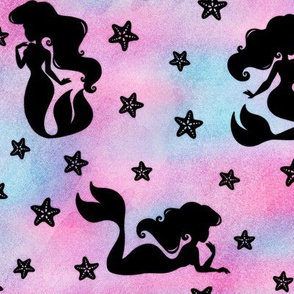 Magical Mermaid Pattern with Starfish in Black on Watercolor