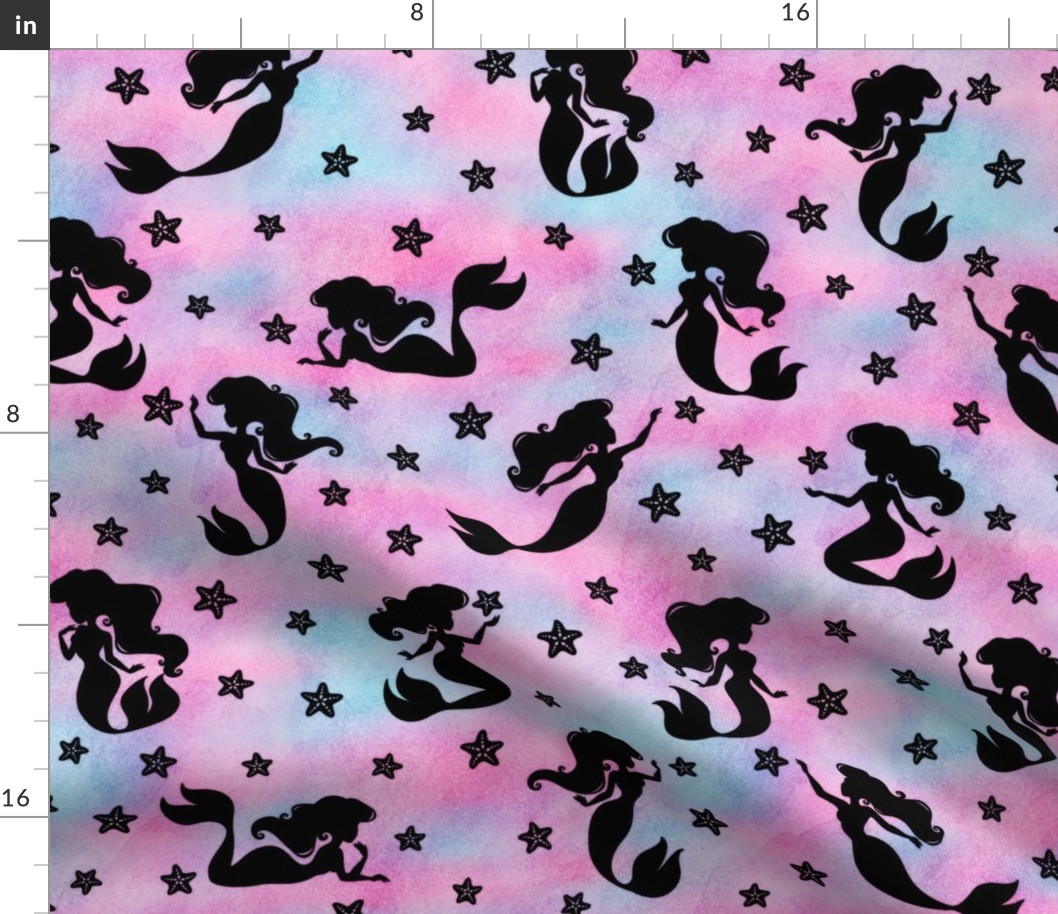 Magical Mermaid Pattern with Starfish in Black on Watercolor