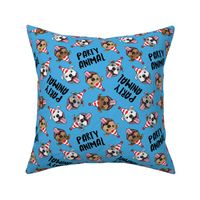 party animals - pit bulls - smiling pit bulls party hats - blue - LAD19