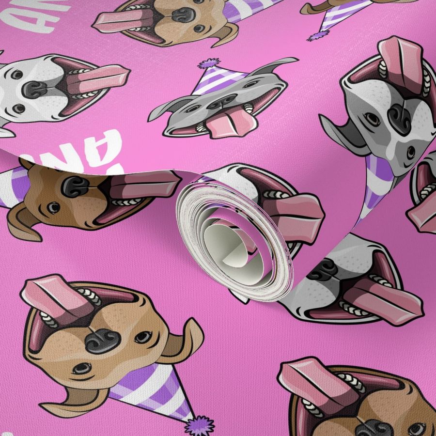 party animals - pit bulls - smiling pit bulls party hats - pink - LAD19