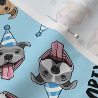 party animals - pit bulls - smiling pit bulls party hats - blue - LAD19