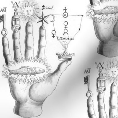 1 palm reading palmistry divination hands fingers sorcerer's fortune telling sun keys lamps stars alchemy alchemical symbols crown fish planets salt elements planets venus sulphur sulfur magic mystic occult magick  monochrome future ancient antique victor