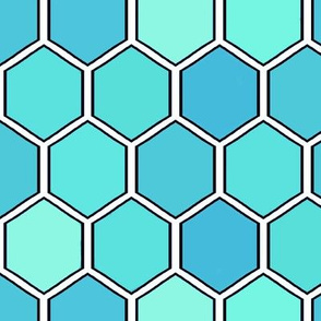 Monochromatic geometric -  save the Honeybees  -Honeycomb med-Aqua Blues (see description)     
