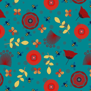 Red flowers in blue background 