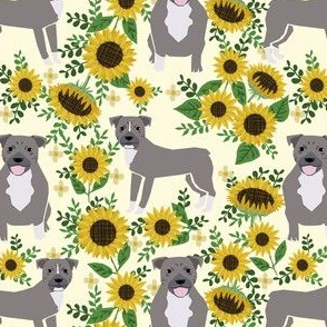 pitbull sunflowers fabric - gray pitbull fabric, dog fabric, sunflowers fabric - cream