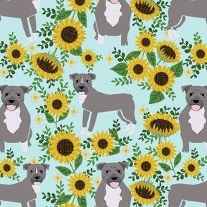 pitbull sunflowers fabric - gray pitbull fabric, dog fabric, sunflowers fabric - light blue