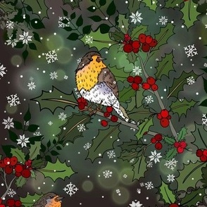 Wee Robins in a Holly Tree (Dark Green) 