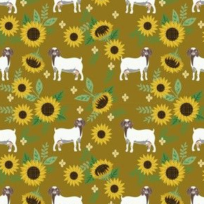 boer goat sunflower fabric - farm floral fabric, goat floral fabric, goat fabric, boer goat - dark olive