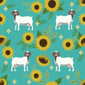 boer goat sunflower fabric - farm floral fabric, goat floral fabric, goat fabric, boer goat - blue