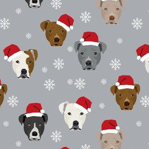 pitbull santa paws fabric - christmas pitbull fabric, christmas dog fabric -grey
