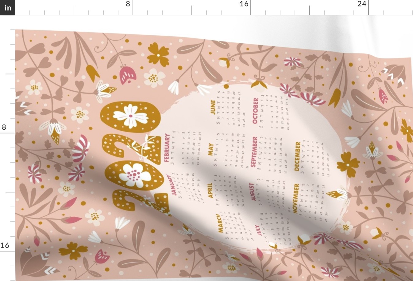 2020 calendar - pink and gold tea towel