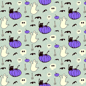Halloween Black Cat and Ghost with Pumpkin Blue