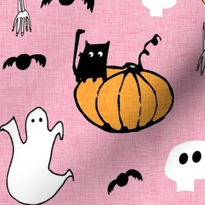 Halloween Black Cat and Ghost with Pumpkin Pink