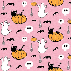 Halloween Black Cat and Ghost with Pumpkin Pink