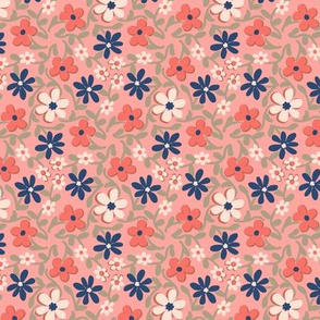 Crazy Daisies in Coral Navy Sage Green and Pink