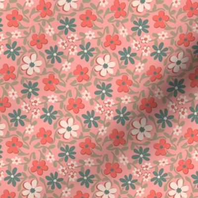 Crazy Daisies in Coral Green and Pink