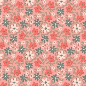 Crazy Daisies in Coral Green and Pink