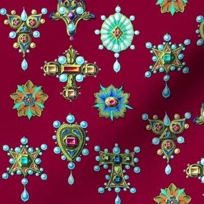 flowers floral crosses crucifixes hearts  gold pearls gems jewels ruby rubies Sapphire baroque gaudy brooches pendants rings jewelry jewellery precious stones vintage retro antiques Victorian maroon dark red blue yellow     Chanel inspired