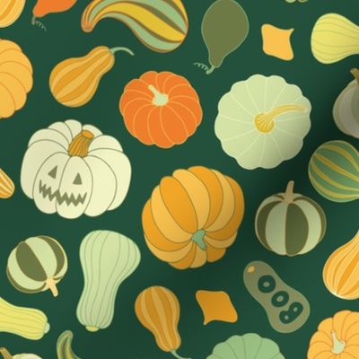 Halloween Pumpkins and Squash in dark green by Pippa Shaw