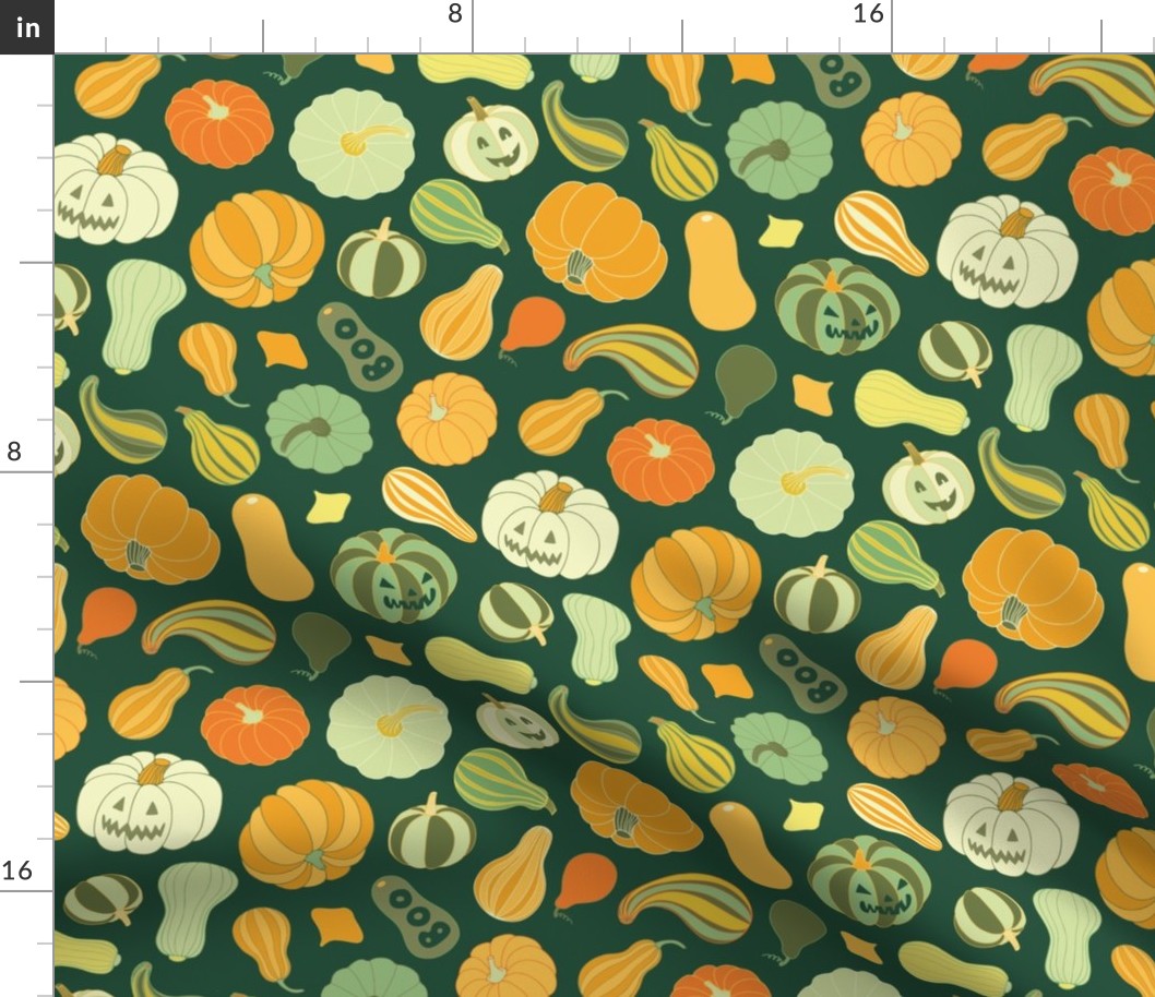 Halloween Pumpkins and Squash in dark green by Pippa Shaw