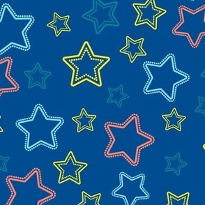 Colorful stars silhouettes with dotted border over blue