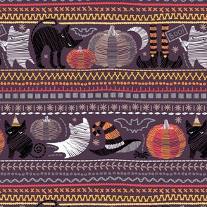 Small scale // Embroidery Halloween // black cats orange yellow pumpkins white ghosts and grey stitches on purple beet background