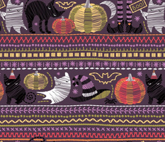 Normal scale // Embroidery Halloween // black cats orange and green pumpkins white ghosts and purple stitches on purple beet background