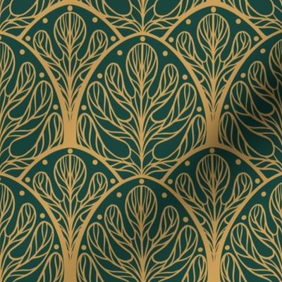 Art Deco Autumn Oak Leaf in Green and Gold - Medium