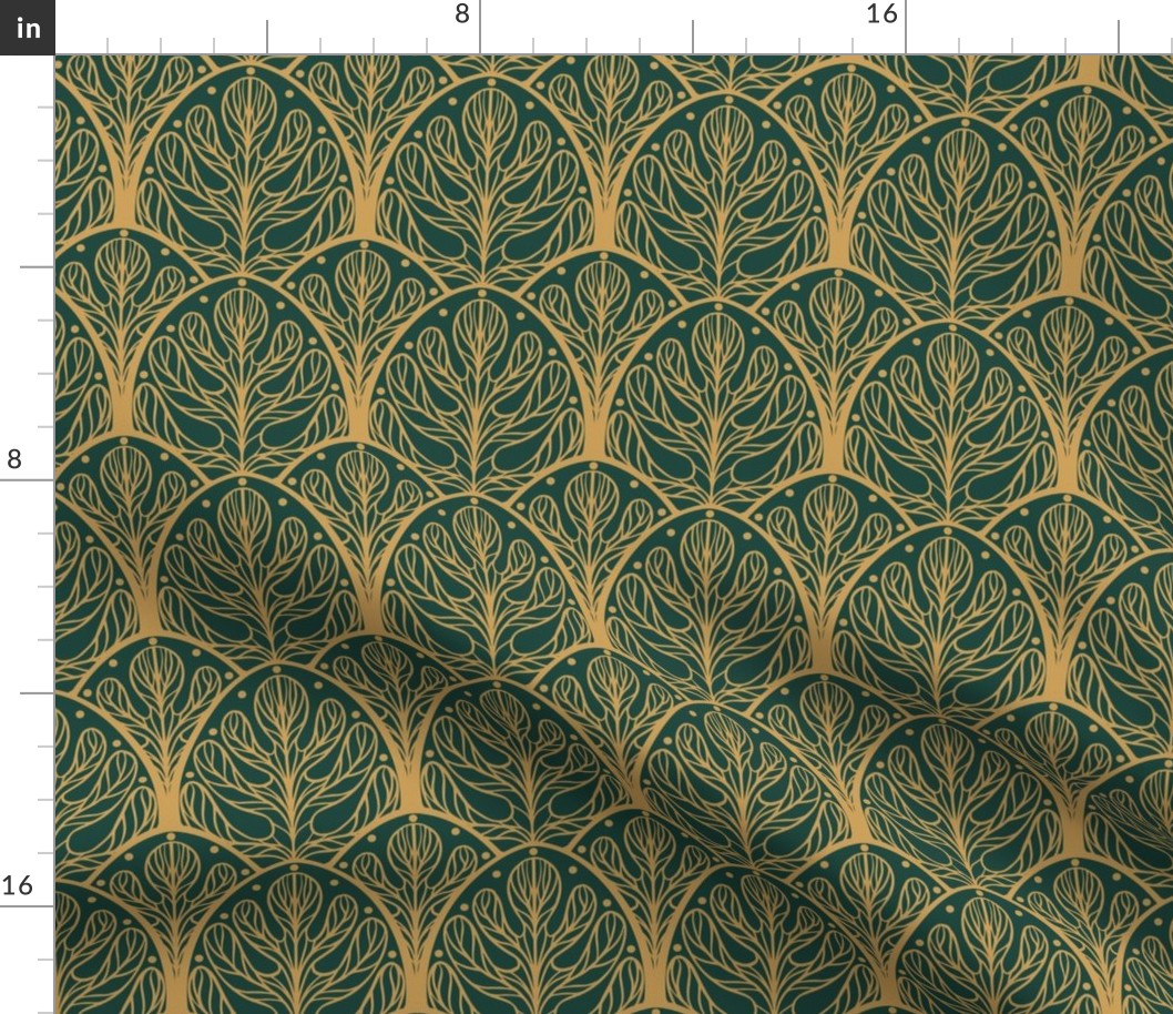 Art Deco Autumn Oak Leaf in Green and Gold - Medium