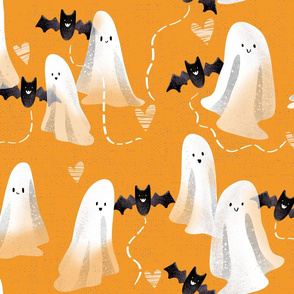 Sweet Ghosts and Bats - Larger on Soft Orange Linen