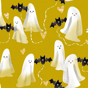 Sweet Ghosts and Bats - on Mustard Linen