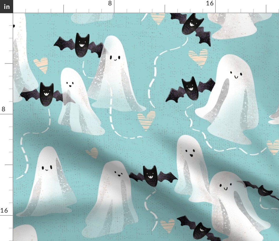 Sweet Ghosts and Bats - on Light Blue Linen