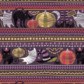 Small scale // Embroidery Halloween // black cats orange and green pumpkins white ghosts and purple stitches on purple beet background