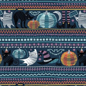 Small scale // Embroidery Halloween // black cats orange and teal pumpkins white ghosts and purple stitches on teal background