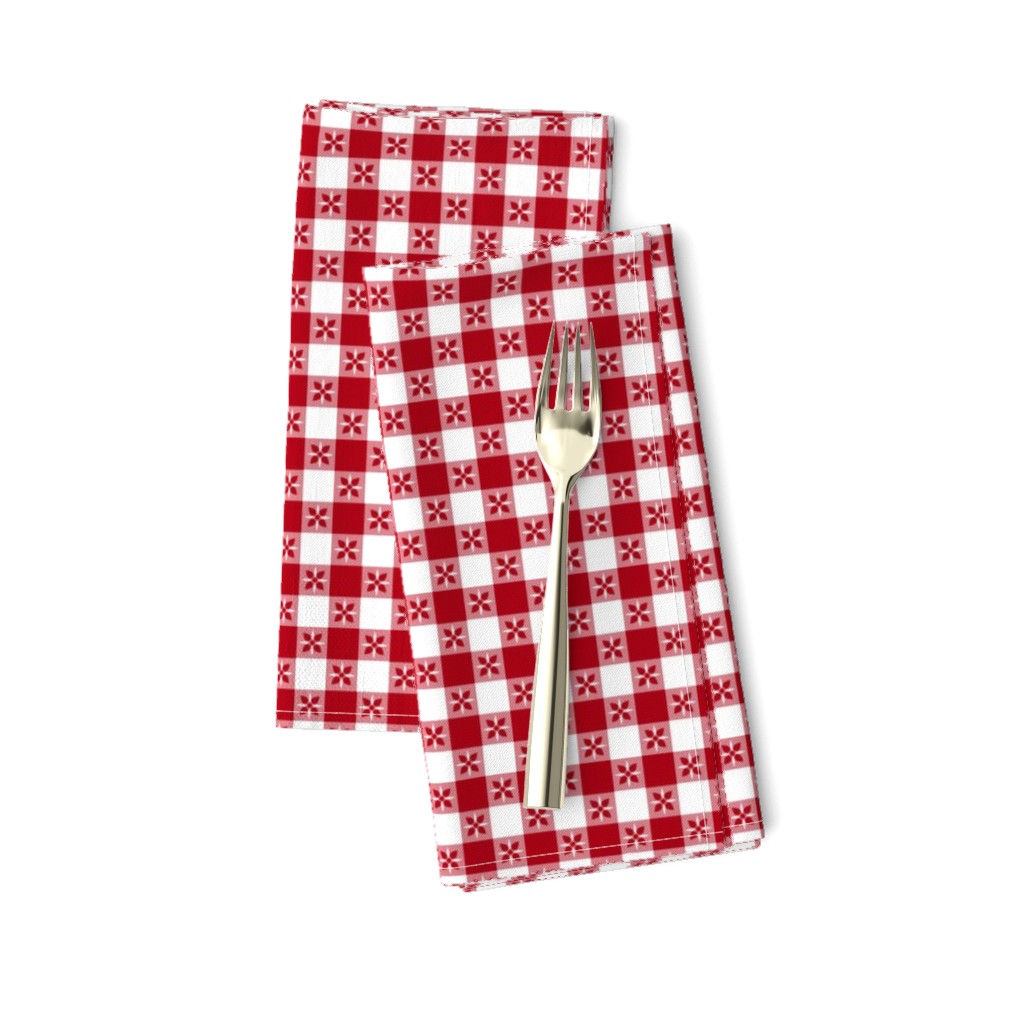 Half Inch Dark Red and White Checkered Italian Bistro Cloth with Flowers