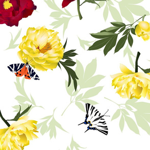 peonies & butterflies on white - large scale