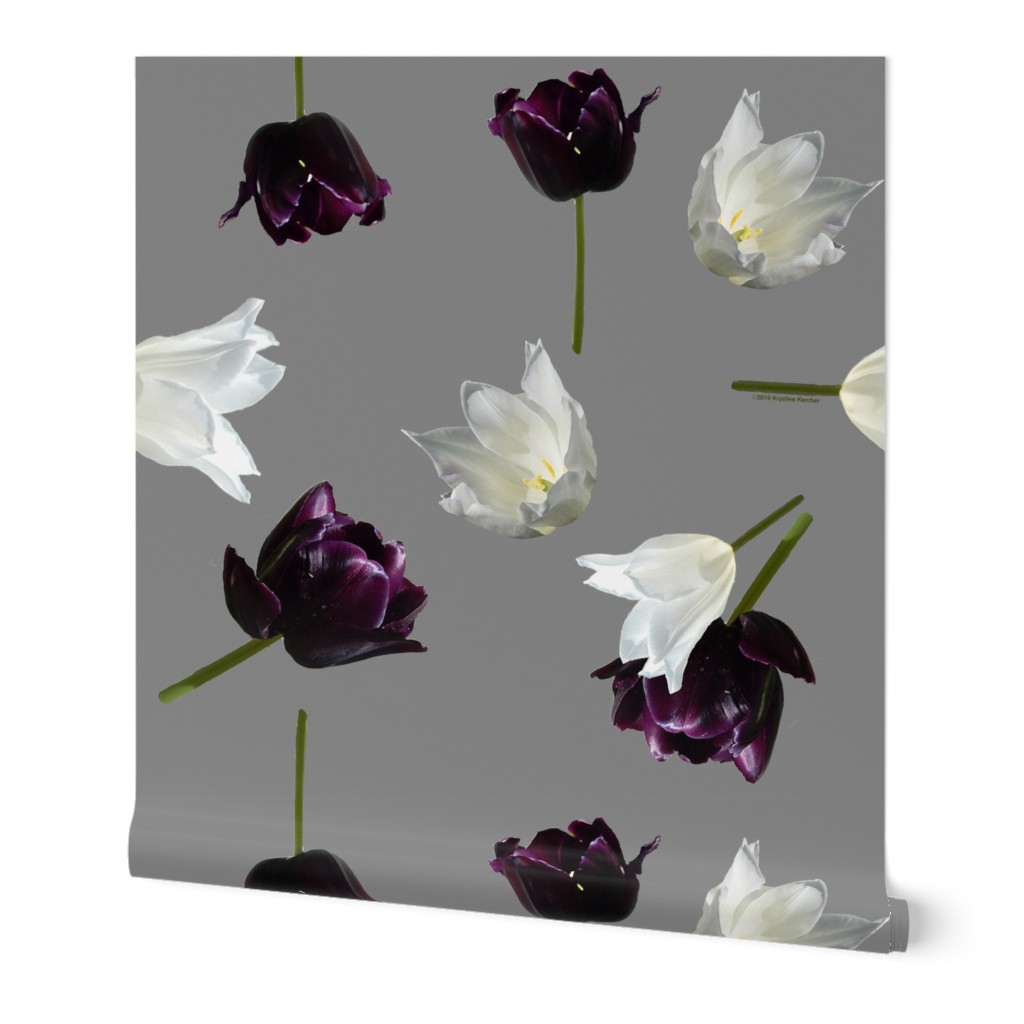 Purple and White Tulips Ditsy Grey