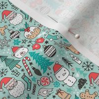Xmas Christmas Winter Doodle with Snowman, Santa, Deer, Snowflakes, Trees, Mittens on Mint Green Smaller Tiny 