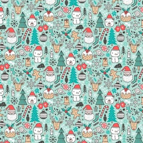 Xmas Christmas Winter Doodle with Snowman, Santa, Deer, Snowflakes, Trees, Mittens on Mint Green Smaller Tiny 