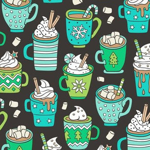 Hot Winter Christmas Drinks with Marshmallows Mint & Green On Black