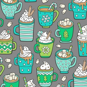 Hot Winter Christmas Drinks with Marshmallows Mint & Green on Grey