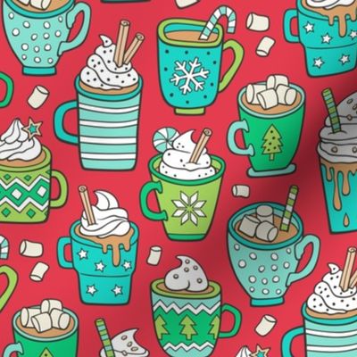 Hot Winter Christmas Drinks with Marshmallows Mint & Green on Dark Red