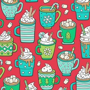 Hot Winter Christmas Drinks with Marshmallows Mint & Green on Dark Red