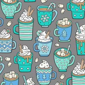 Hot Winter Christmas Drinks with Marshmallows Blue Mint Green on Grey