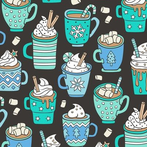 Hot Winter Christmas Drinks with Marshmallows Blue Mint Green on Black