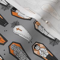 SMALL  - Coffins illustration pattern dracula mummy frankenstein by andrea lauren orange grey