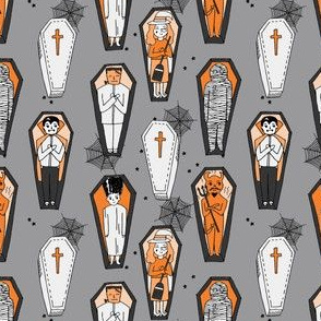 SMALL  - Coffins illustration pattern dracula mummy frankenstein by andrea lauren orange grey